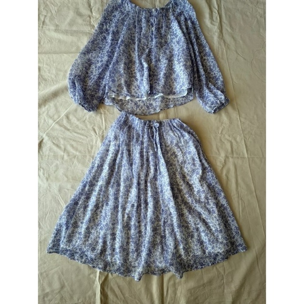 Zara Outfit Set Girls White Sz 10/9 Blue Floral Boho Cottagecore PullOn Chiffon